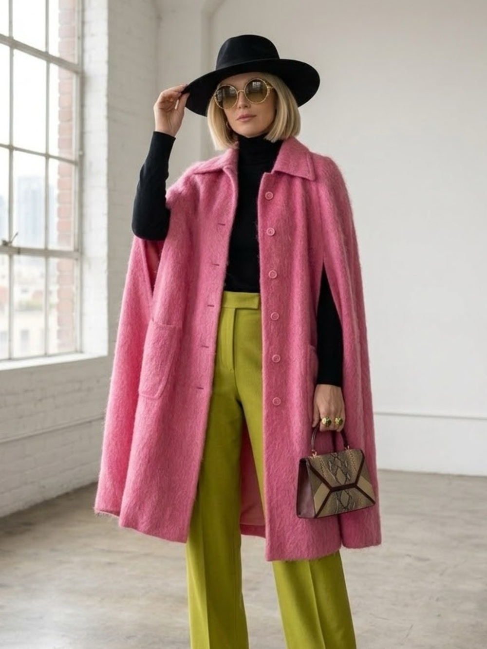 Vintage 70s Auckie Sanft Bubblegum Pink Virgin Wool Cape Coat - One Size